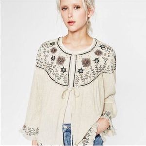 Zara embroidered light jacket fringe hem tie front